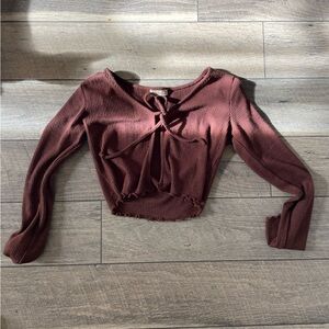 Burgundy/Brown long sleeve crop top with tie detail